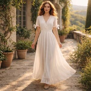 Kate Lily Lace Trim Maxi Dress Soft White Boho Cottagecore Size 6